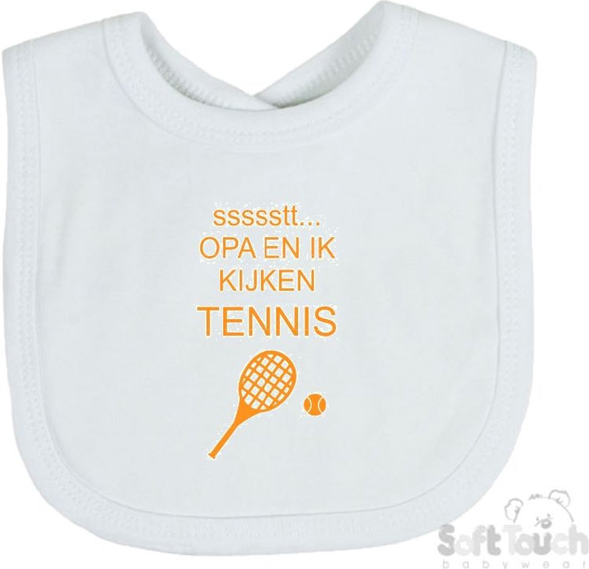 Goedkoopste Soft Touch Slabber Slabbetje Slab ssssstt... Opa en ik kijken tennis Unisex Katoen Wit/mosterd Maat 33x22 Cm