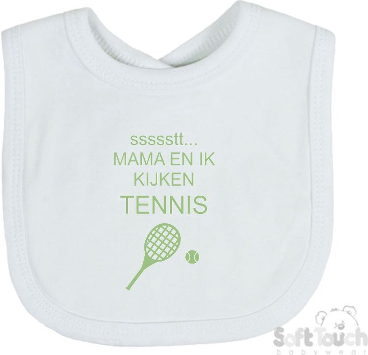Goedkoopste Soft Touch Slabber Slabbetje Slab ssssstt... Mama en ik kijken tennis Unisex Katoen Wit/sage green (saliegroen) Maat 33x22 Cm
