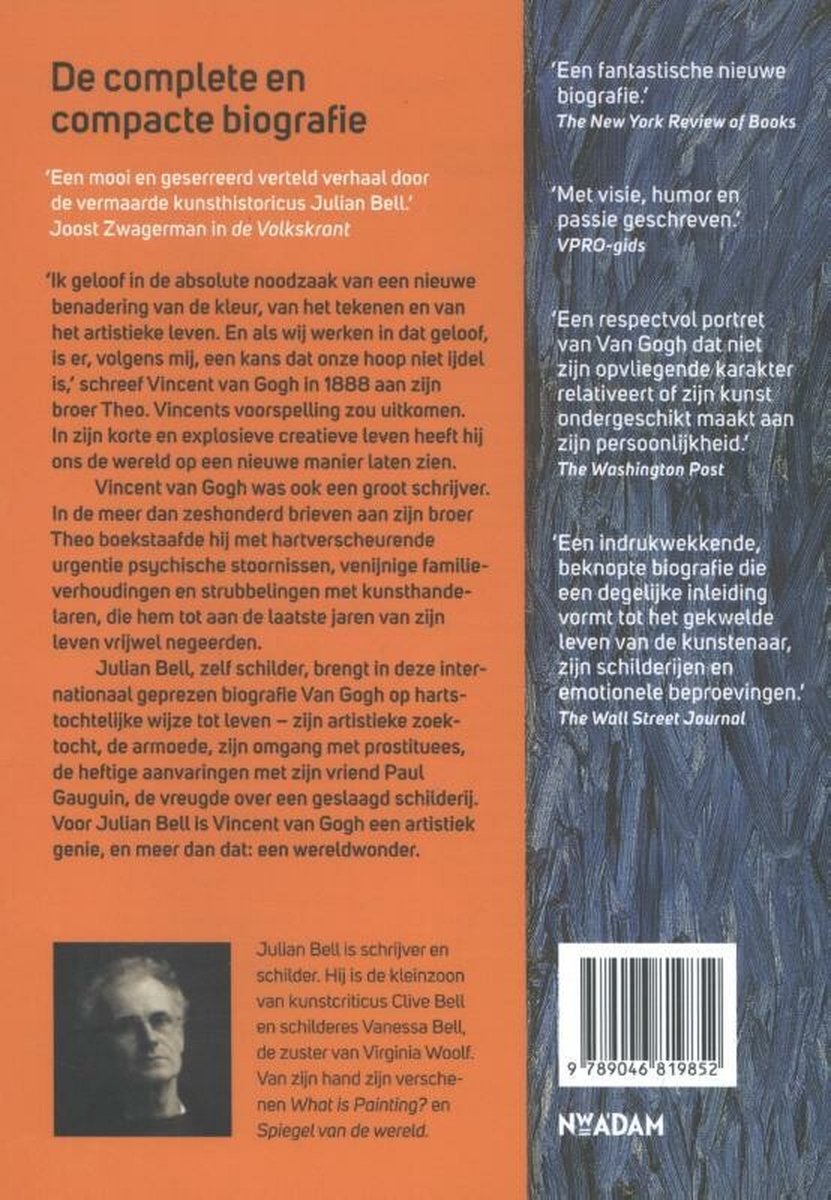 Achterkant van het boek 'Van Gogh'. Bevat citaten, een biografie van de auteur Julian Bell en een boekillustratie.
