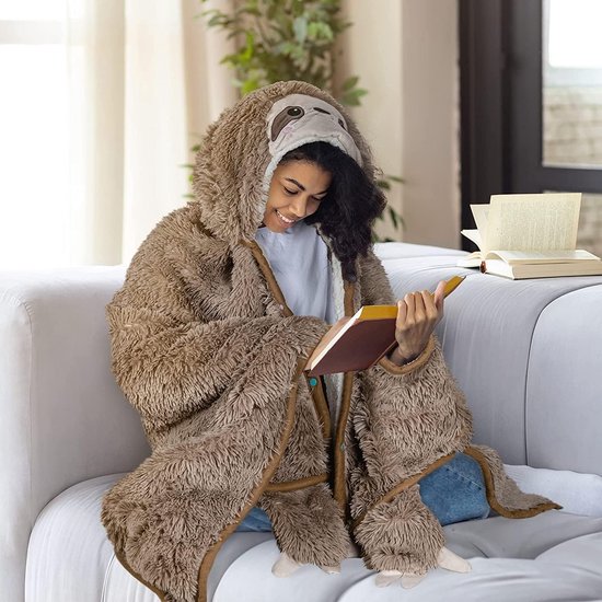 BOUFEIDA Draagbare deken met mouwen en capuchon, flanel, wit, alpaca