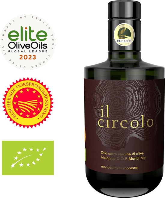 Premium Bio Olijfolie 0,5 ltr | 2de -30% of 3de -60% | Moresca | D.O.P. keurmerk | Verse Oogst in 10/2023 | Bekroonde topkwaliteit | il circolo extra virgin olive oil | 100% SiciIiaans | Rijk aan polyfenolen/antioxidanten | Ideaal cadeau | NL-BIO-01