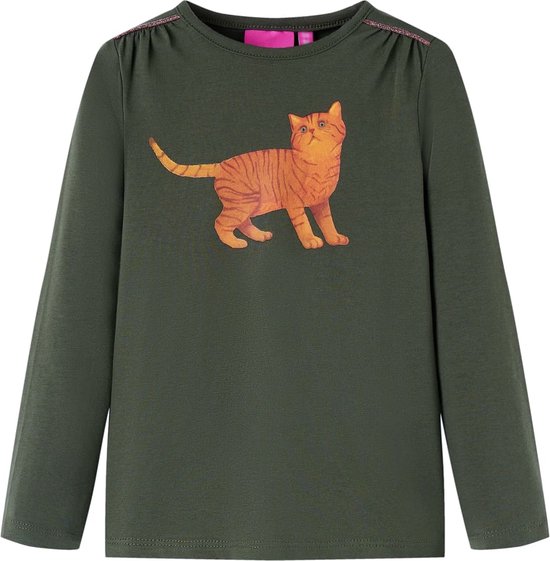 vidaXL-Kindershirt-met-lange-mouwen-kattenprint-92-kakikleurig
