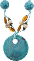 Behave Turquoise ketting van touw met kralen en ronde platte hanger