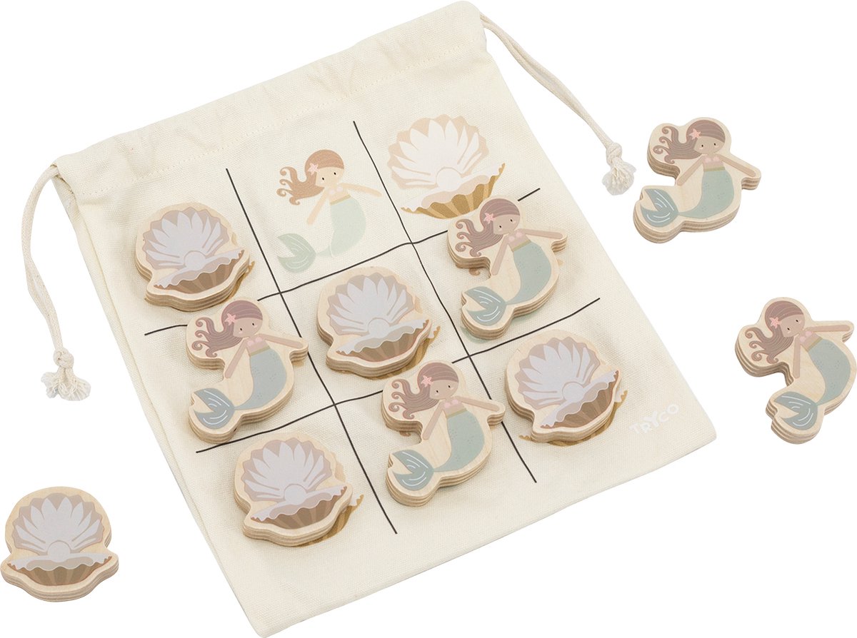 Tryco Wooden Tic Tac Toe Mermaid - Houten Bordspel - Boter Kaas en Eieren met Zeemeerminnen - Stimuleert Strategisch Denken en Motoriek - Vanaf 3 Jaar