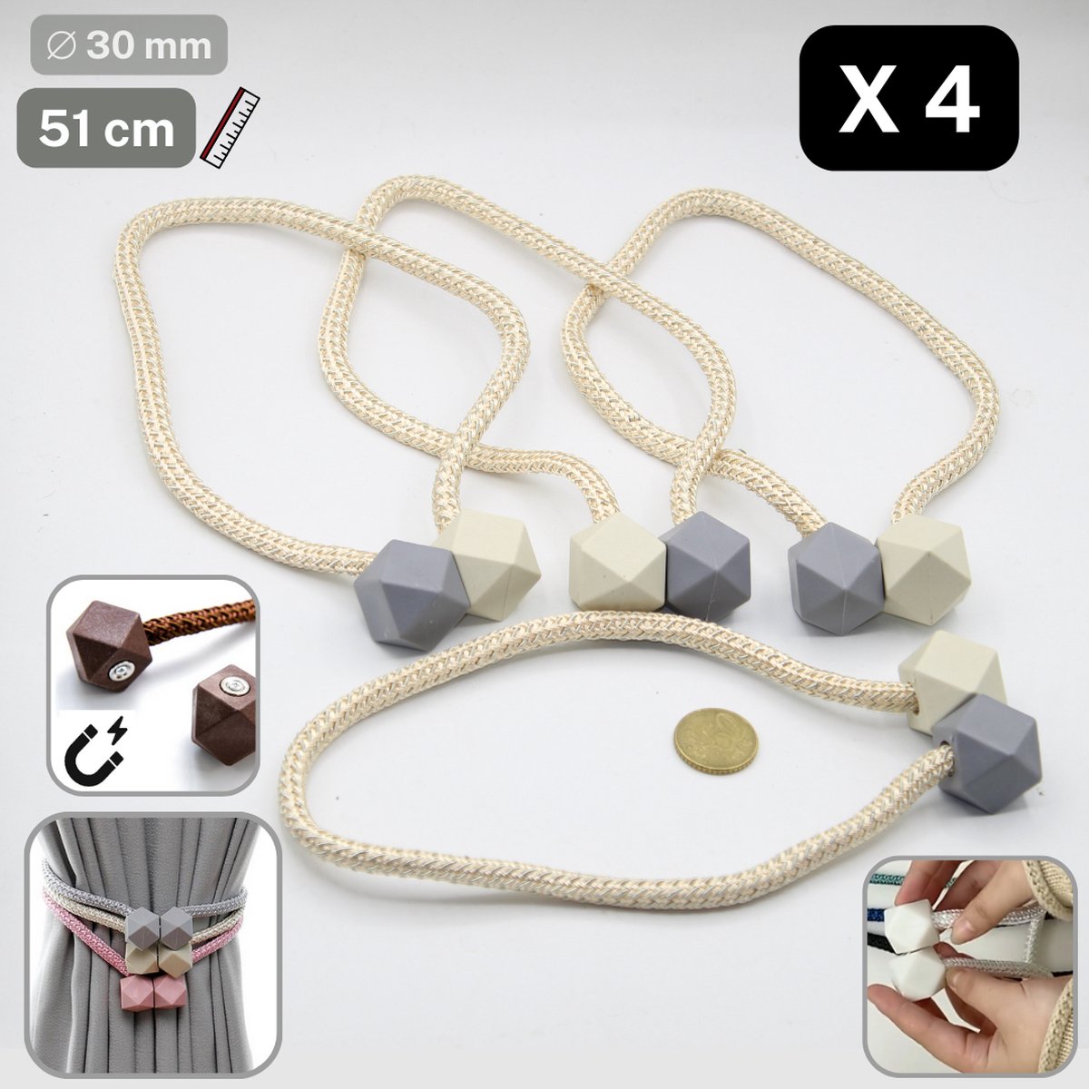 Stunq® Set Van 4 Magnetische Gordijnhouders Met Boho Macramé Voor Thuis En Kantoor Gordijnhaken Wit