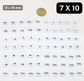 70 Stuks Geweven Innaaibare MAAT-ETIKETTEN/KLEDING MAAT-LABELS, Maat 12MM op 16MM, 10 Stuks in 7 Maten, Kleur WIT