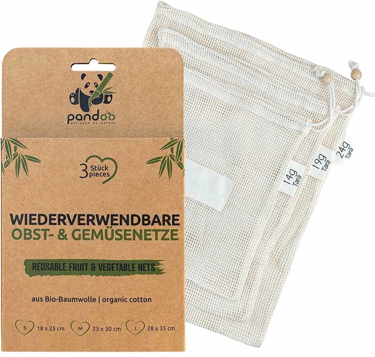 Pandoo Ecologische Groente - Fruitnetjes - 3 stuks - Bamboe kraal - Gewichtsinformatie - Herbruikbaar