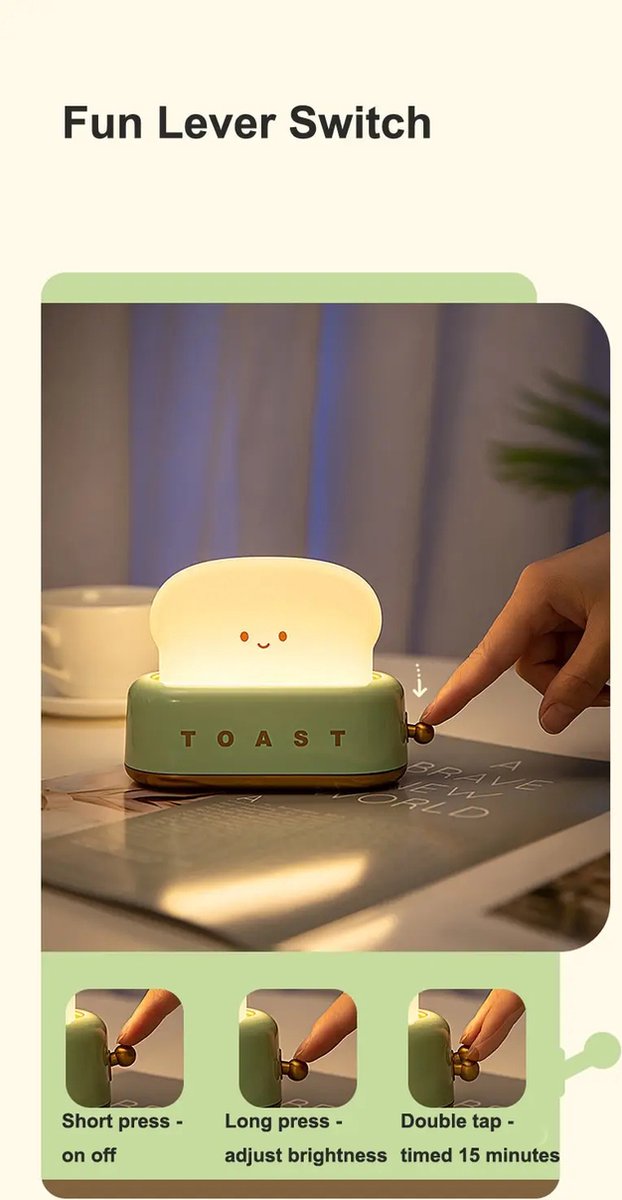 Toast Lamp - Kinderkamer Nachtlampje - Kindvriendelijk - USB Oplaadbaar - Draadloos Nachtlamp Grone van Grone — afbeelding 5