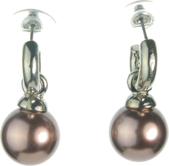Behave Boucle d'oreille perle marron - Femme - Boucle d'oreille tige perle 14 mm de diamètre - Boucles d'oreilles 3 cm de long