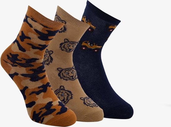 3 paar middellange kinder sokken met stoere print - Bruin - Maat 23/26
