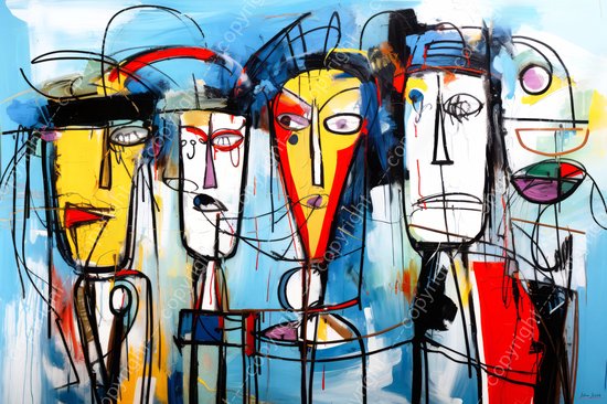 JJ-Art (Canvas) 120x80 | 4 Gezichten, man vrouw, abstract in Herman Brood stijl, kleurrijk, felle kleuren, kunst, woonkamer slaapkamer | mens, bruin, rood, blauw, modern | Foto-Schilderij print (wanddecoratie)