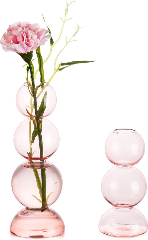 Kleine glazen vaas voor bloemen, roze glazen vaas voor esthetische kamerdecoratie, gekleurde knop vaas enkele stam vaas decoratieve blaas vaas voor woonkamer tafelblad slaapkamer ornamenten
