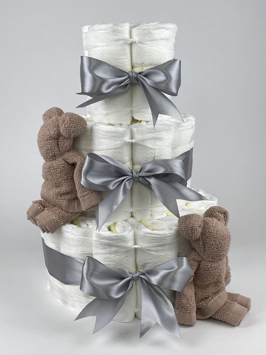Chouette-Chouette | Luiertaart Meisje | Kraamcadeau | Geboorte Meisje | Babyshower | Beren Pinkstone - Grijs