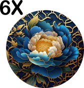 BWK Luxe Ronde Placemat - Blauw met Gouden Bloem - Kunstig - Set van 6 Placemats - 40x40 cm - 2 mm dik Vinyl - Anti Slip - Afneembaar