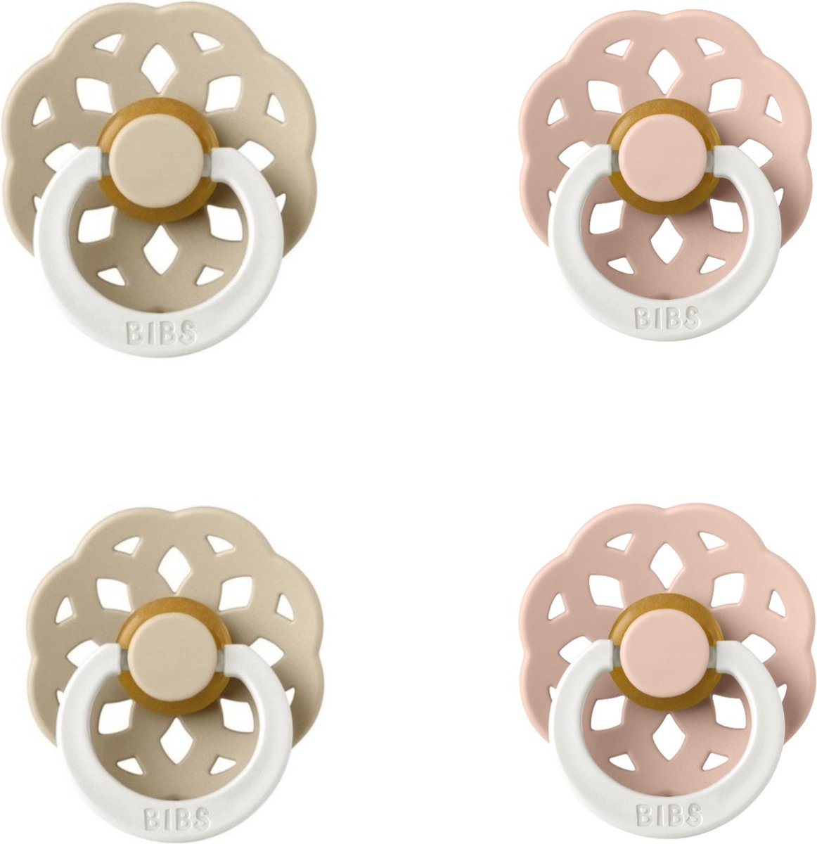 Goedkoopste BIBS Boheme Fopspeen set Glow 4 stuks Vanilla Glow 2x en Blush Glow 2x 6-18 maand maat 2