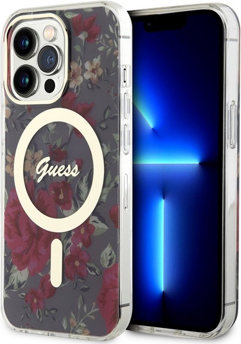 Guess Flower Back Case (MagSafe Compatible) - Geschikt voor Apple iPhone 14 Pro (6.1") - Khaki