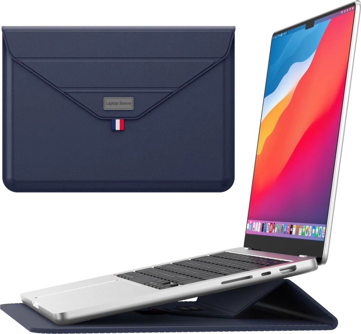 Monx 13 Inch Laptop Hoes, Hardcase, Duurzaam PU-leer, Spatwaterdichte Bescherming, Ingebouwde Muismat, Navy blue