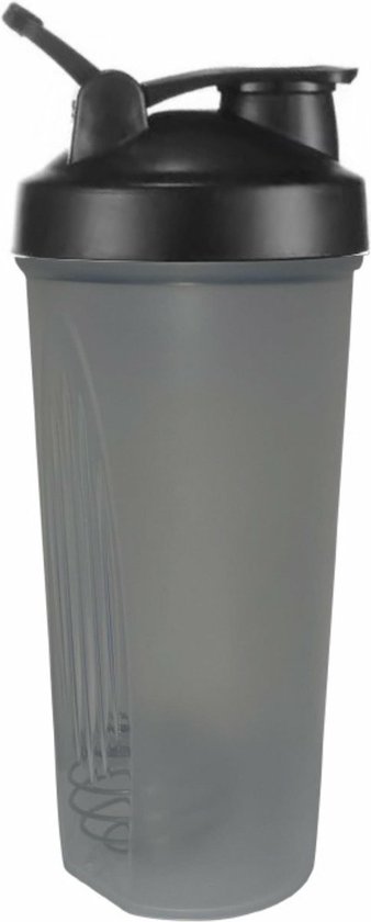 Grijze kunststof shaker van 600 ml met roestvrijstalen mixbal, lekvrije dop en maatstreepjes.