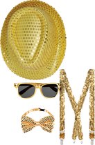 Carnaval verkleed set compleet - glitter hoedje/bretels/party bril/strikje - goud - heren/dames - verkleedkleding