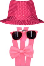 Toppers - Carnaval verkleed set compleet - glitter hoedje/bretels/party bril/strikje - fuchsia roze - heren/dames - verkleedkleding
