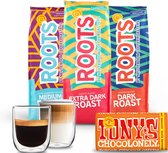 Roots - Coffret cadeau - Grains de café en grains - Bio - Tony's Chocolonely Caramel Sea Salt - 3 Saveurs - Avec Verres à double paroi (260 ml)