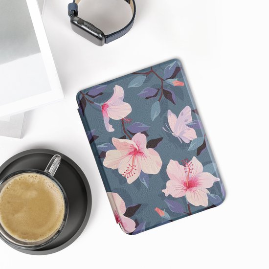 kwmobile e-reader hoesje geschikt voor Kobo Clara 2E hoes - E reader flip case met magnetische sluiting - Ereader cover - Fuchsia bloemen design in wit / poederroze / paars van Merkloos — afbeelding 3