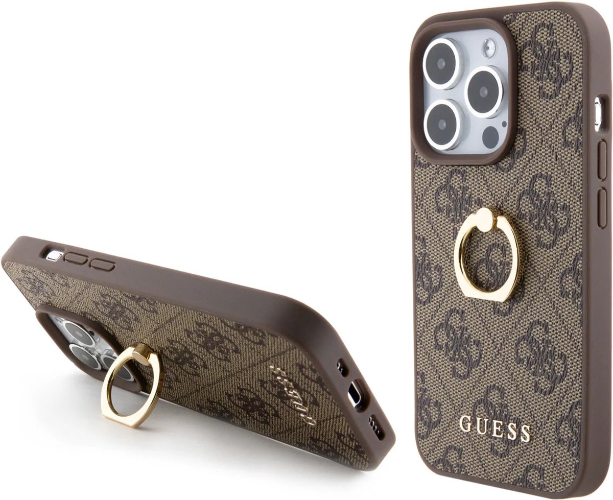 Guess iPhone 15 Pro Hardcase hoesje - 4G - Met Ringhouder - Bruin