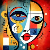 JJ-Art (Aluminium) 80x80 | Vrouw in Joan Miro stijl, kubisme, kleurrijk, abstract, kunst | mens, blauw, geel, wit, rood, vierkant | foto-schilderij op dibond, metaal wanddecoratie