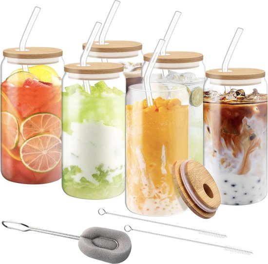 HEFTMAN Glazen bekers met deksels en rietjes - 2 stuks lege 480 ml blikvormige glazen met luchtdichte bamboe deksels, glazen rietjes en rietreinigingsborstel - ijskoffieglas voor smoothies, bier