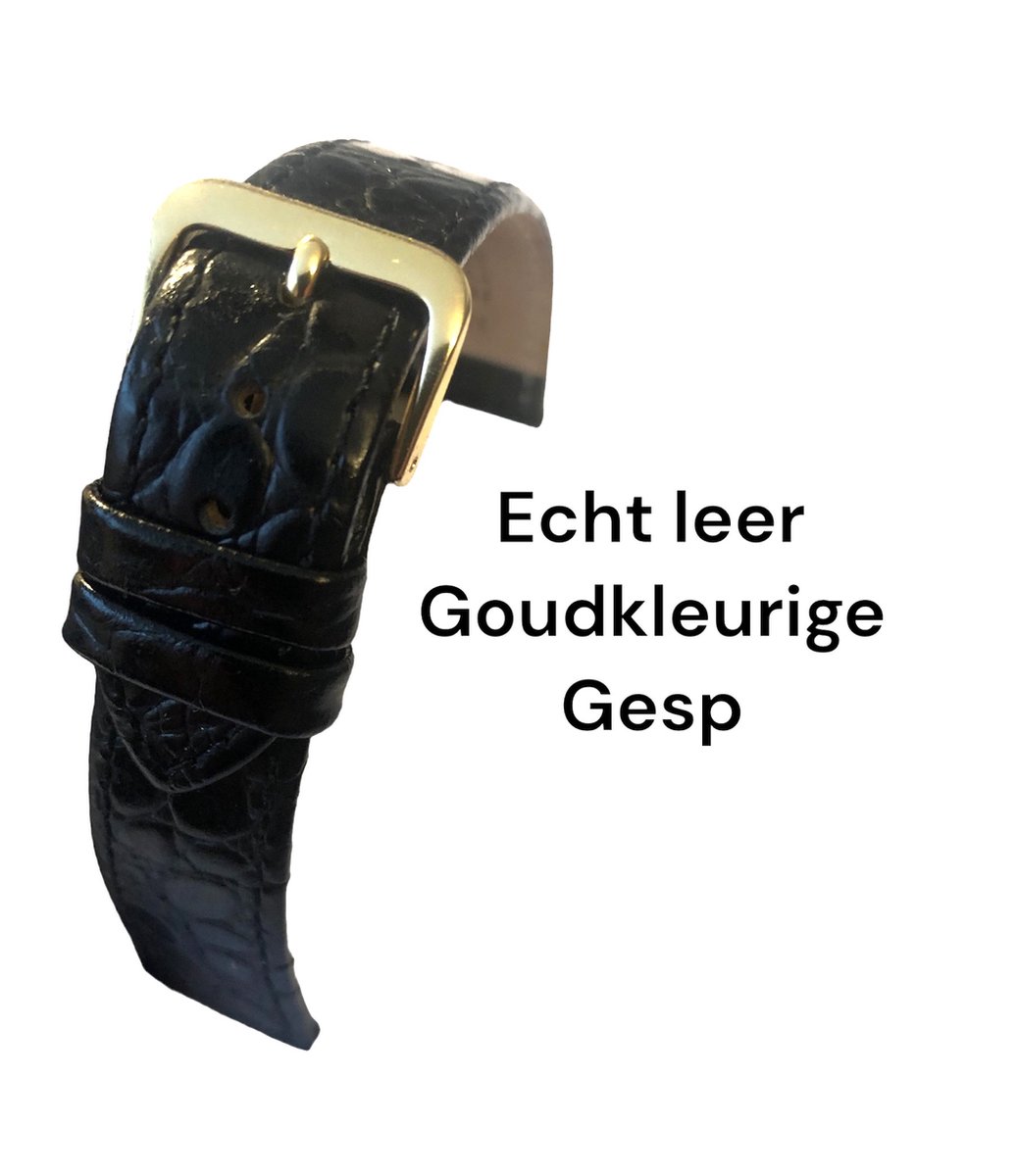 Koeienlederen Armband 15 Mm – Reliëf Horlogebandje Met Veerpennetje Zwart