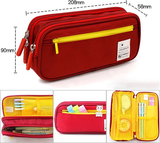 Trousse à Stylos - Champion - Rouge/jaune - 3 compartiments - Trousse  scolaire pour