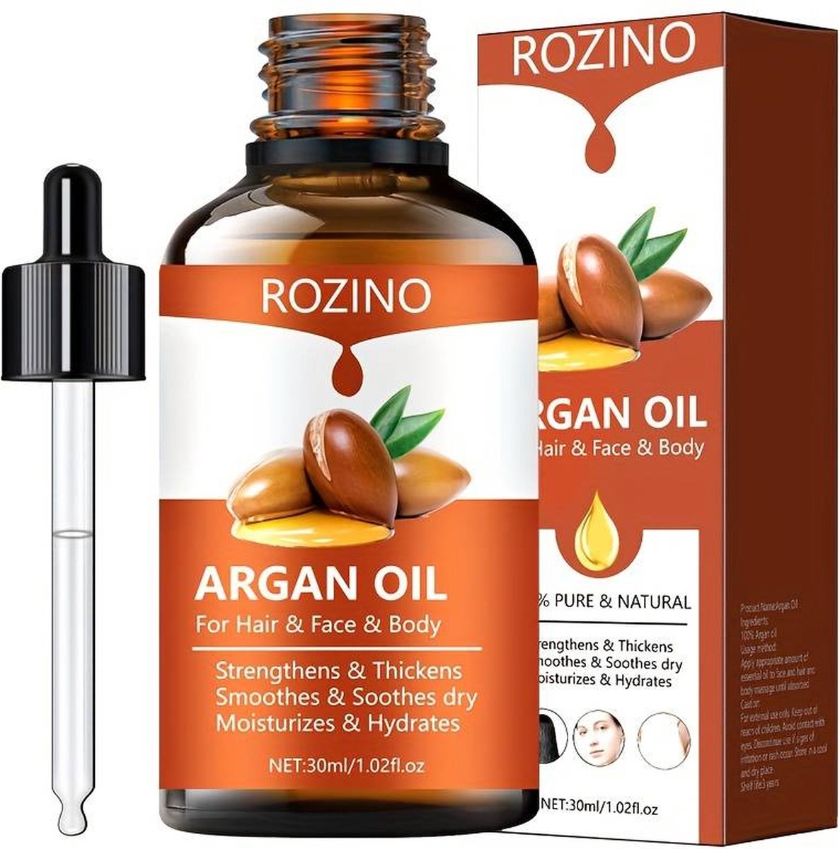 Rozino - Arganolie 30mL - 100% Puur en Biologisch | Geschikt voor Haar, Gezicht en Lichaam