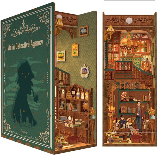 Tonecheer Violin Detective Agency Book Nook Bouwpakket - Modelbouw - 18 x 9,8 x 24,5 cm - Houten 3D Puzzel - Boekensteun - LED-licht - Bewegingssensor Licht - Boekenhouder
