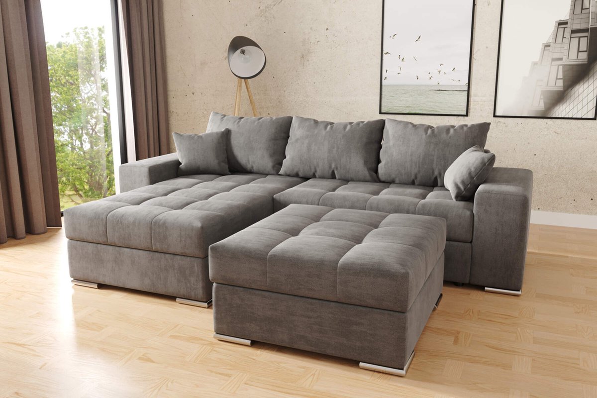 hoekbank josua L + poef- velvet structuurstof- met opbergruimte en slaapfunctie- seatsandbeds