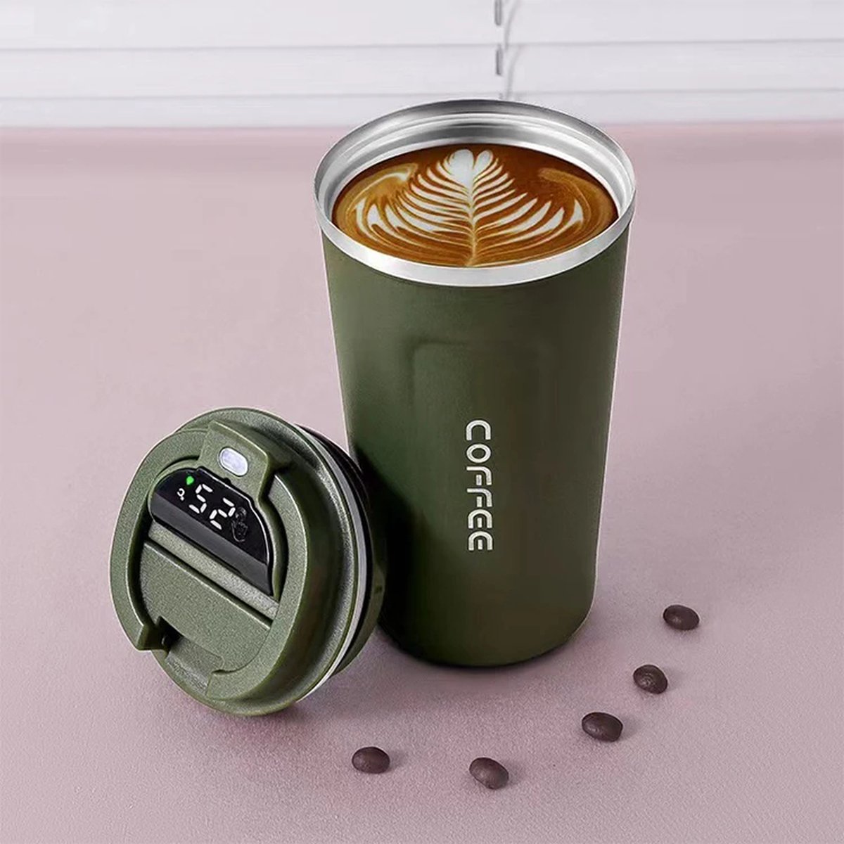 Premium RVS Koffie of Thee beker To Go -Groen -Nu met LED Scherm -Travel Coffee Tea Cup Mug - Thermosbeker - Temperatuur LED Display - Koffiebeker To Go – Theebeker To Go - Drinkbeker voor op kantoor - RVS - 380ml – Donker Groen