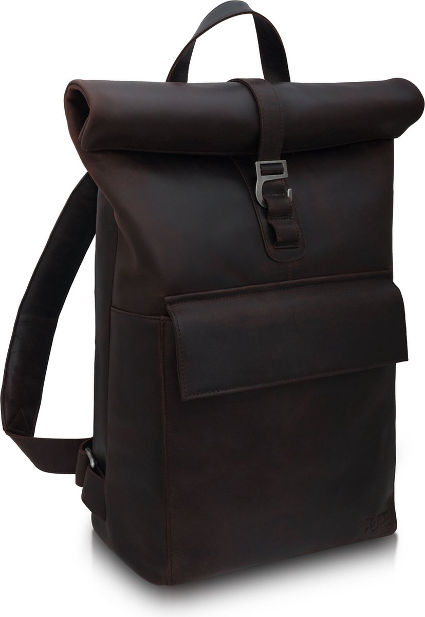 PURE Studios POLIS - Leren rolltop rugzak met 15,6 inch laptopvak - Deep Black