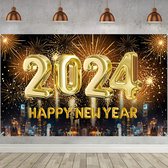 Oudejaarsavond-banner, decoratie, XXL Nieuwjaar achtergrond banner Happy New Year 2024 decoratie, thema 2024 oudejaarsavond, happy new year versiering 2024 binnen- en buitendecoratie (180 x 110 cm)