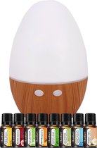 Razzaro Aroma diffuser Wood met LED Small + 8 Etherische Oliën 10ml - Geurverspreider - Vernevelaar - Luchtbevochtiger – Verdamper – Aromatherapie - Hout Look - Led Lampen
