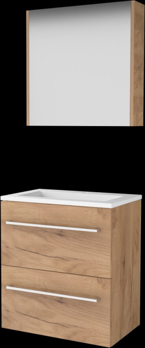 Basic Comfort 39 badmeubelset met spiegelkast, wastafelonderkast met grepen, 2 lades en acryl wastafel met 1 kraangat 60 x 39 cm, whisky oak