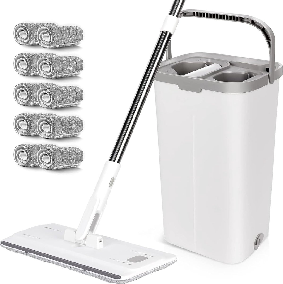 Goedkoopste Mop en emmer set, vloerwisser met 10 dweilpads, dweilmop Clean complete set voor het wassen en drogen van de vloer