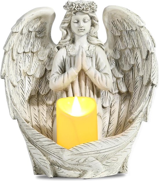Betend Engel rouwcadeau, vleugels engelfiguur met led-theelichtjeshouder, herdenkingscadeau voor het verlies van een geliefde, begrafenis, begrafenis, gazon, tuindecoratie