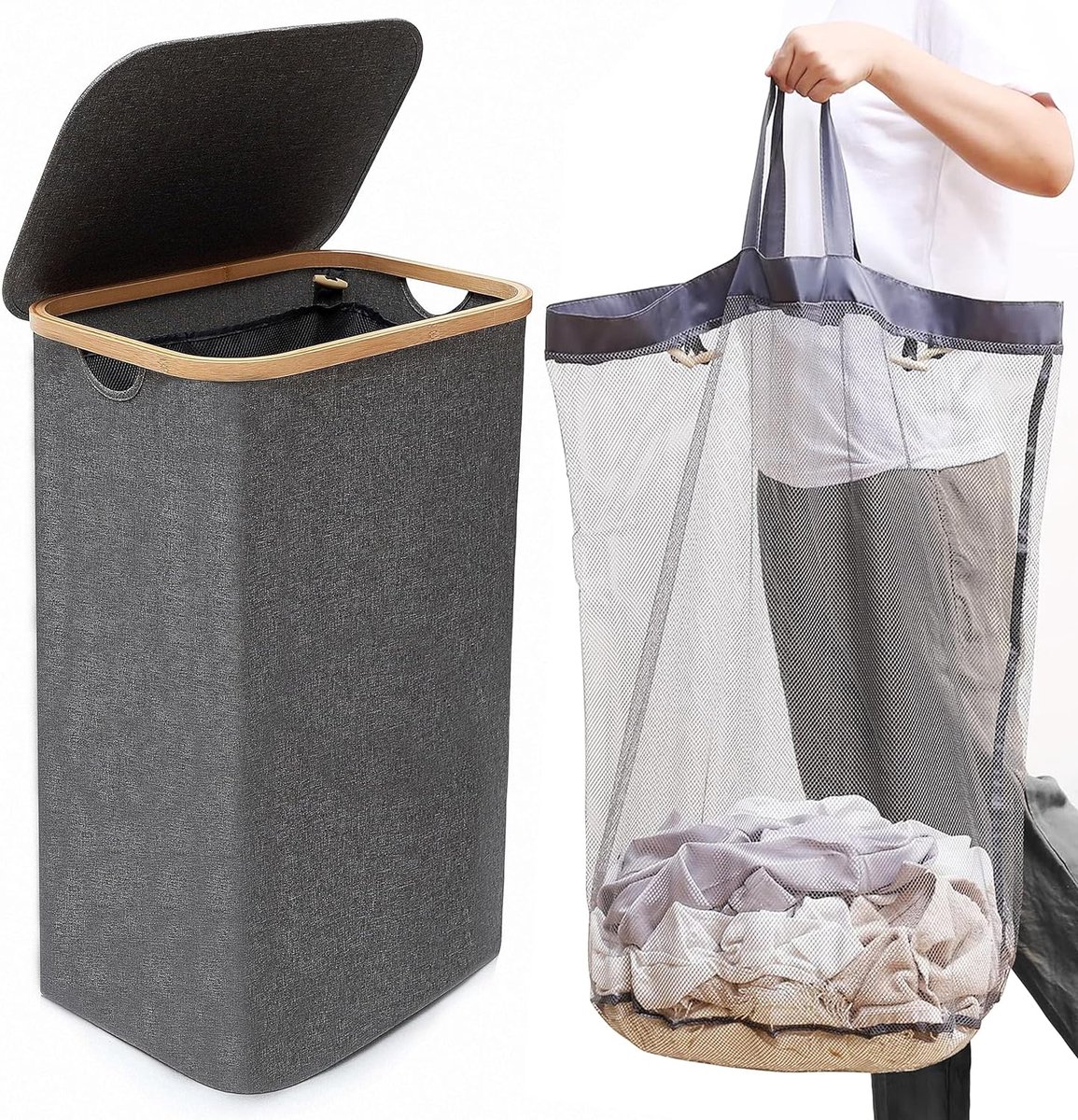 Goedkoopste Wasmand met deksel, 110 liter, grijs, uitneembare wasmand met bamboe handvat en binnenzak, ruimtebesparende stof, wasmand voor het opbergen van kleding