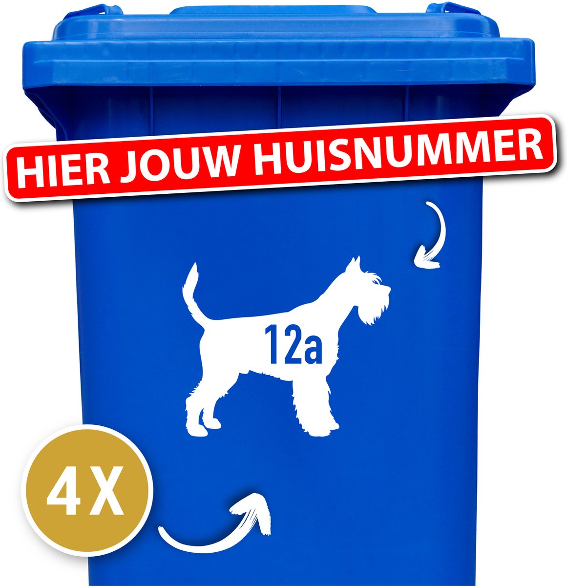 Container sticker - kliko sticker voordeelset - 4 stuks - Schnauzer - container sticker huisnummer - wit