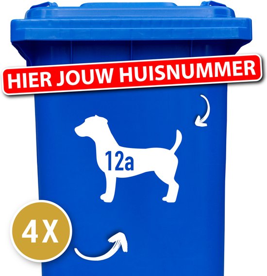 Container sticker - klikostickers - kliko sticker voordeelset - 4 stuks - Jack Russel - container sticker huisnummer - wit - vuilnisbak stickers - container sticker hond