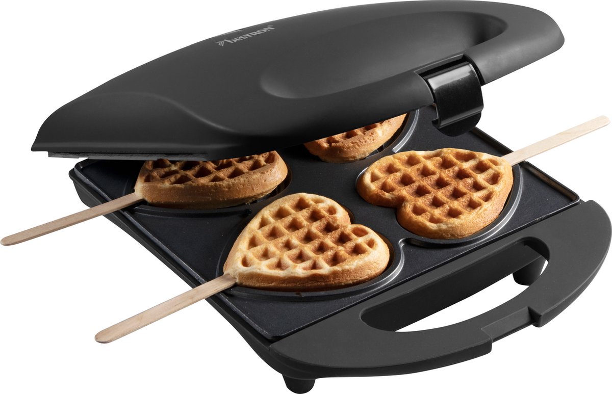 Bestron Wafelijzer voor hartvormige Wafels Wafelijzer hartvorm op een stokje Wafelmaker met antiaanbaklaag & indicatielampje incl. 20 houten stokjes kleur: Zwart
