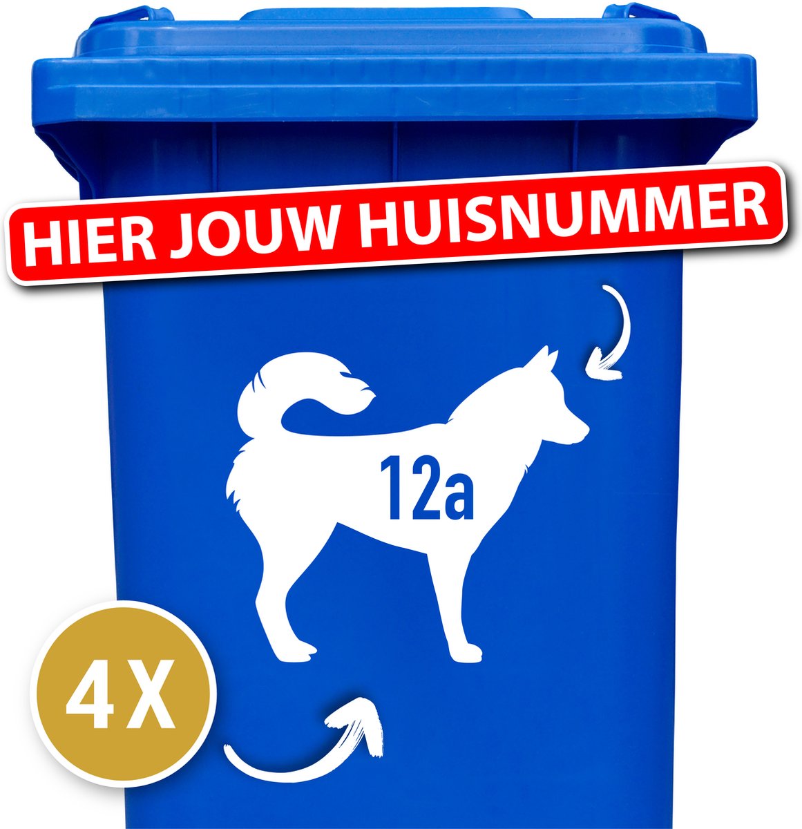 Klikostickers - kliko sticker voordeelset - 4 stuks - Husky - container sticker huisnummer - wit - vuilnisbak stickers - container sticker hond