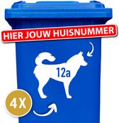 Klikostickers - kliko sticker voordeelset - 4 stuks - Husky - container sticker huisnummer - wit - vuilnisbak stickers - container sticker hond