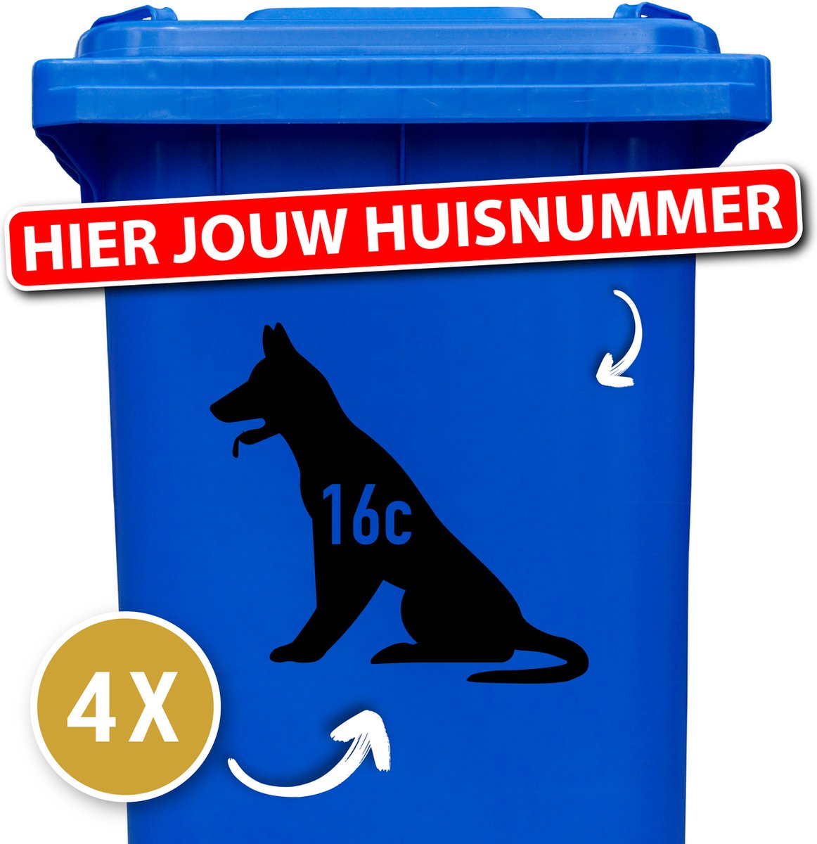 Container sticker - klikostickers - kliko sticker voordeelset - 4 stuks - Mechelse herder - 20 x 19 cm - container sticker huisnummer - zwart - vuilnisbak stickers - container sticker hond