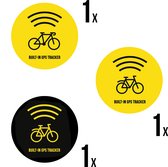 Set fiets stickers | "Built-in GPS tracker" | ⌀ 4,5 cm | 3 verschillende modellen | Anti-diefstal | Dieven ontmoedigen | Ronde stickers | Opvallend | Geel | Weerbestendig | Velo | Beveiliging | Fietsen