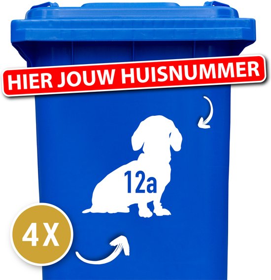 Container sticker - klikostickers - kliko sticker voordeelset - 4 stuks - Teckel zittend - container sticker huisnummer - wit - vuilnisbak stickers - container sticker hond